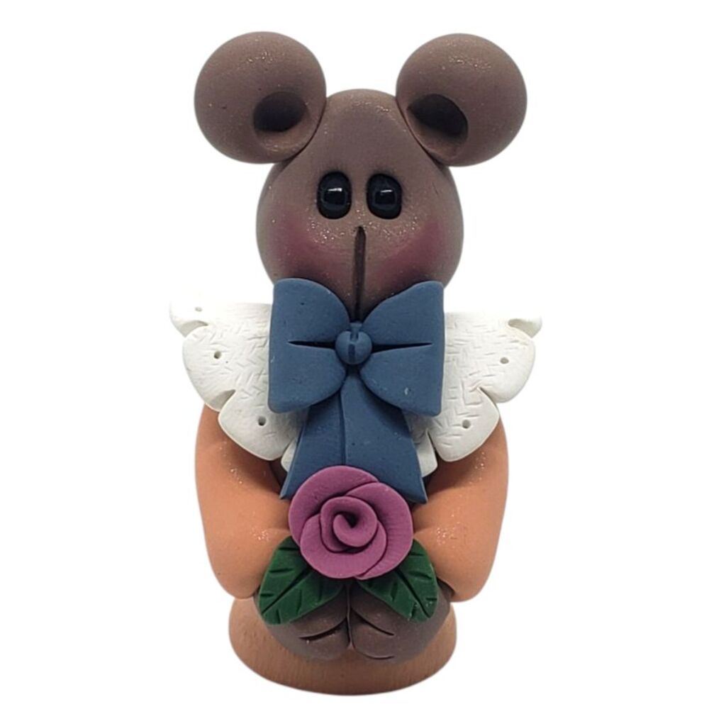 Brown Mouse Handmade Polymer Clay Holding Pink Rose on Peach Wooden Thimble